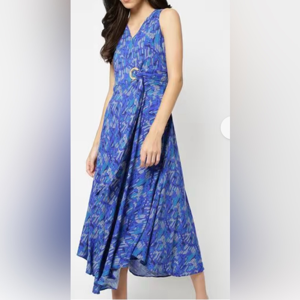 AND Midi Dress in abstract print with gold tone buckle new